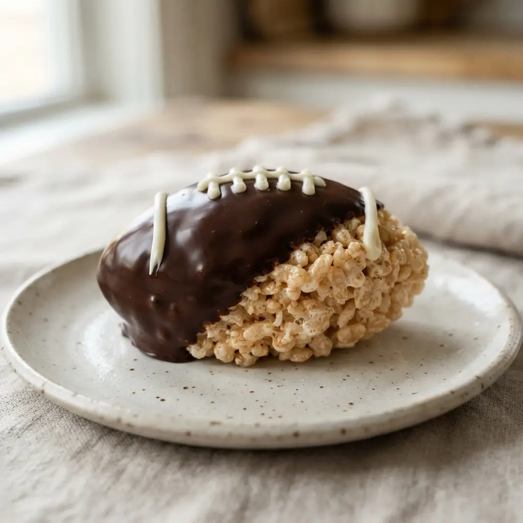A Rice Krispie football half-dipped in dark chocolate, creating a two-tone effect.
