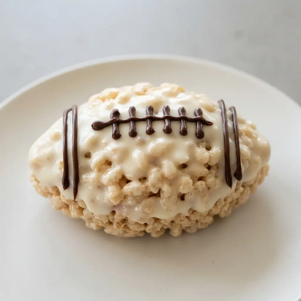 A shiny, white chocolate-covered Rice Krispie football with dark brown laces.