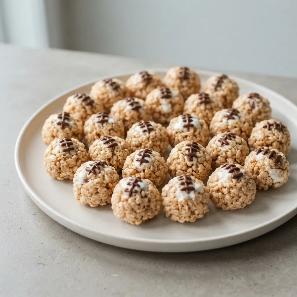 Several miniature round Rice Krispie treats decorated as tiny footballs on a serving platter.