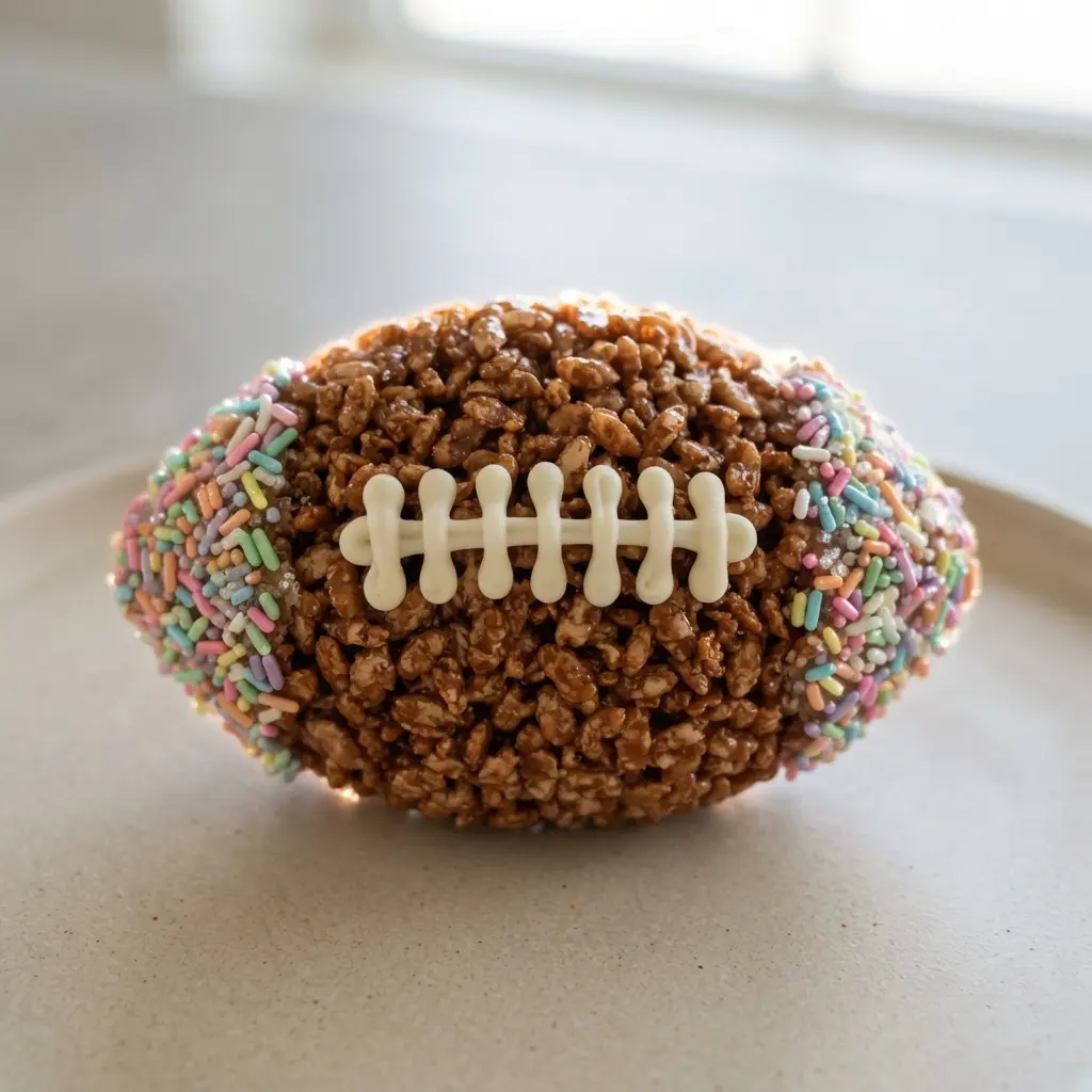 A brown Rice Krispie football with white laces and rainbow sprinkles coating each pointed end.