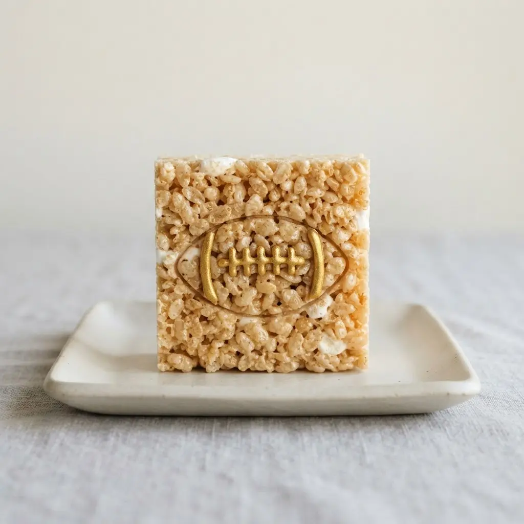A square Rice Krispie treat decorated like a football with elegant gold candy laces.