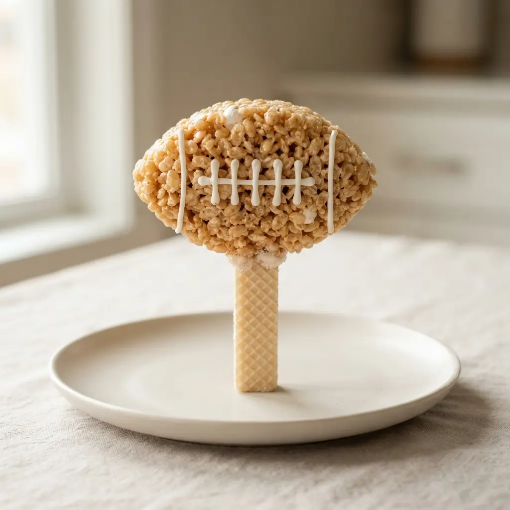 A Rice Krispie football treat mounted on a cookie stick, resembling a popsicle.