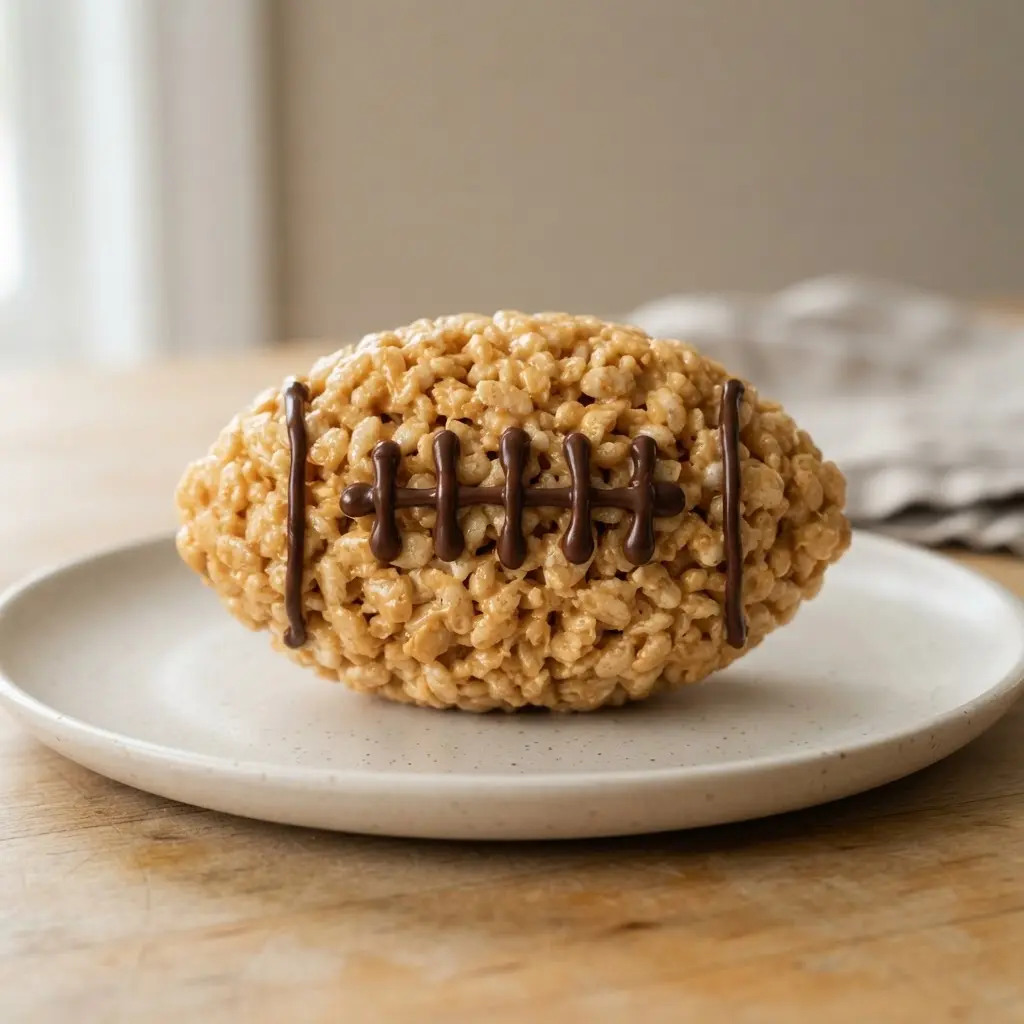 A golden brown peanut butter Rice Krispie treat shaped and decorated as a football.