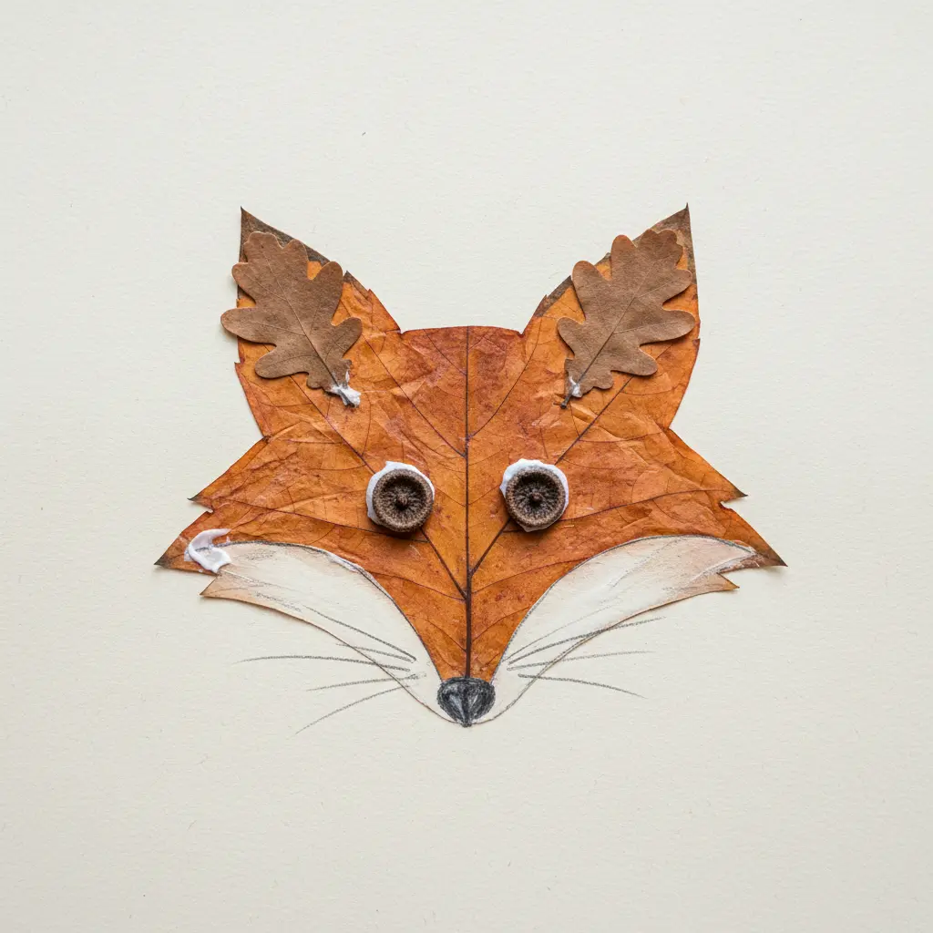 A child-made fox portrait using a large orange maple leaf as the face on brown kraft paper with drawn whiskers.