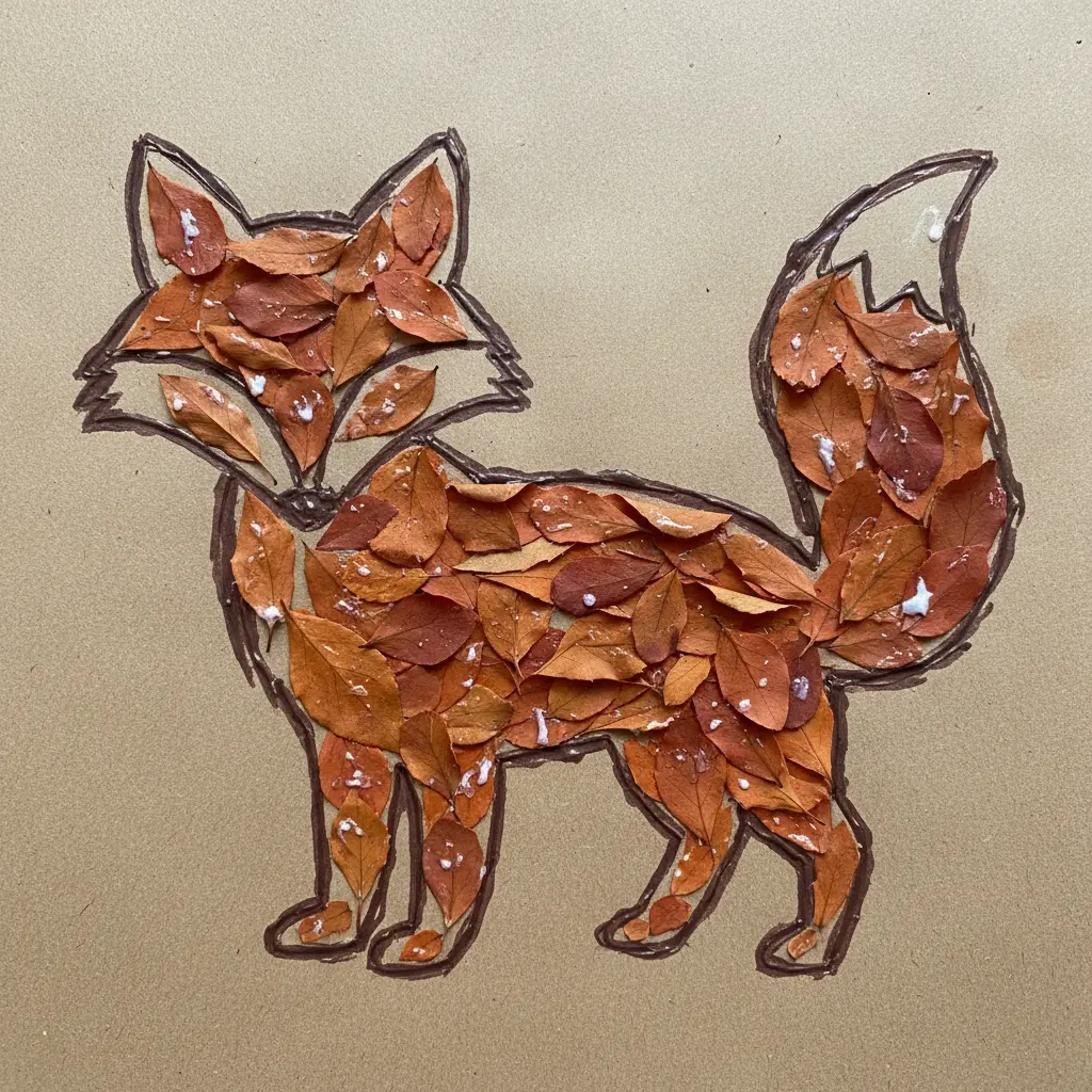 A large fox shape drawn on brown construction paper with the body area filled by gluing down dozens of small red and orange leaves.