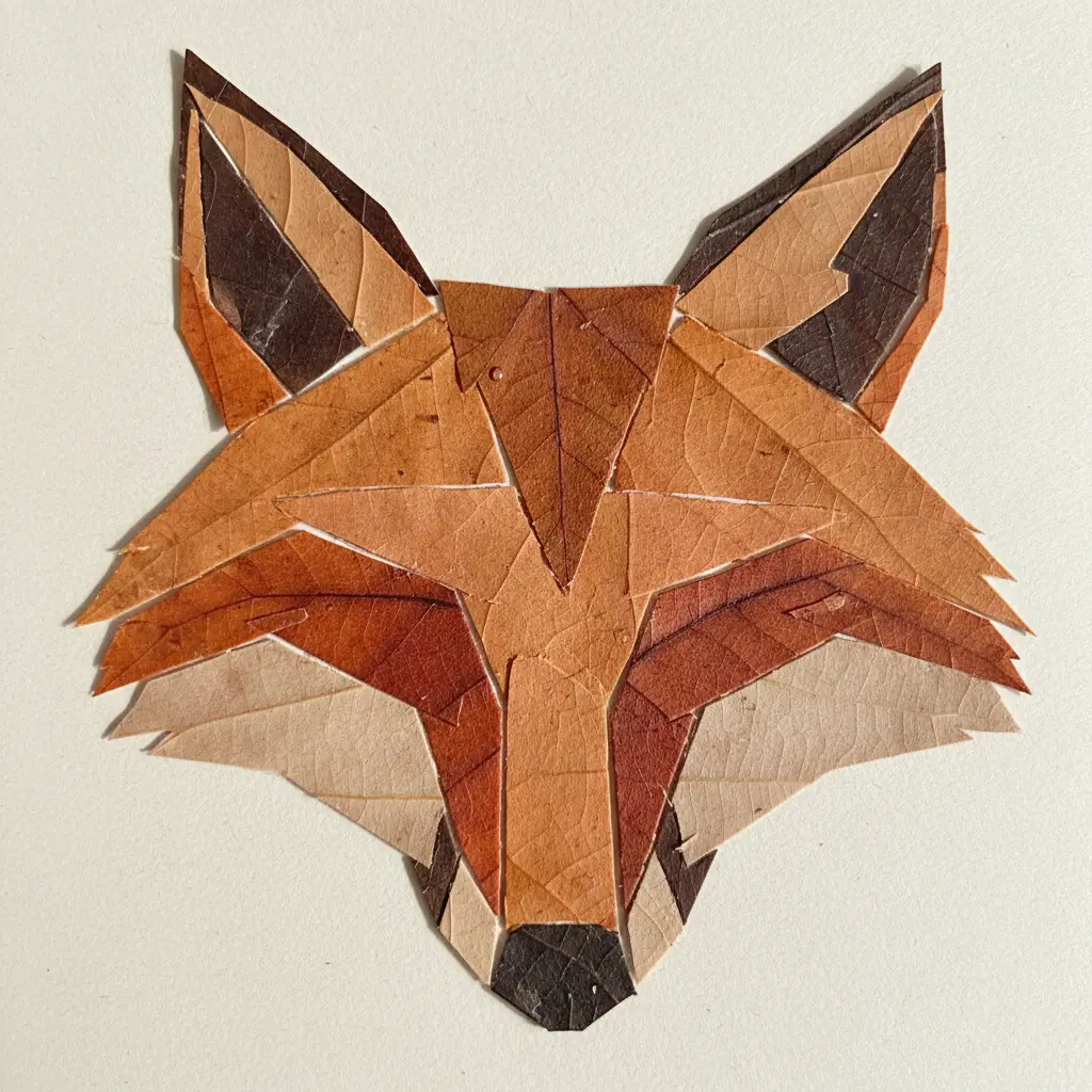 A fox head collage made from cut and arranged oak leaf segments forming sharp triangular ears and a pointed nose.