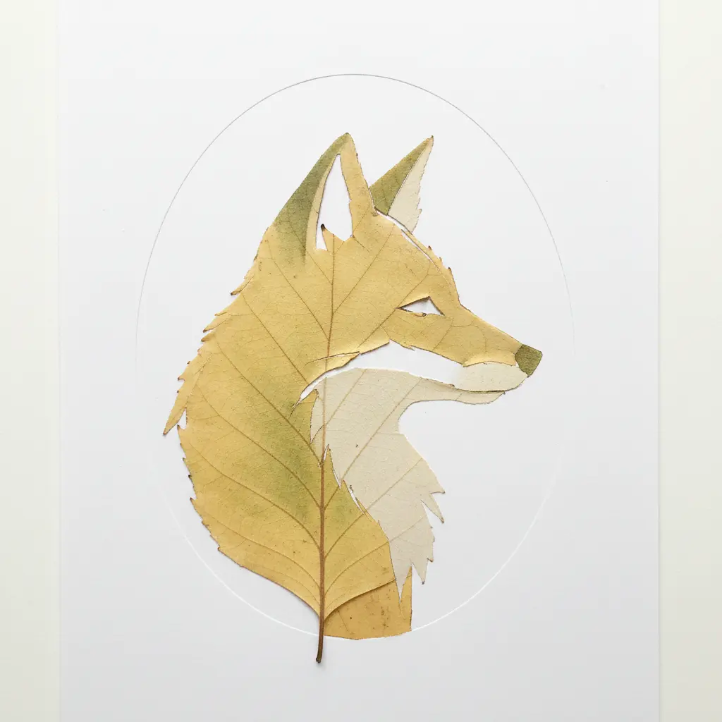 A side-profile fox silhouette created from a long yellow birch leaf against a dark textured cardstock background.
