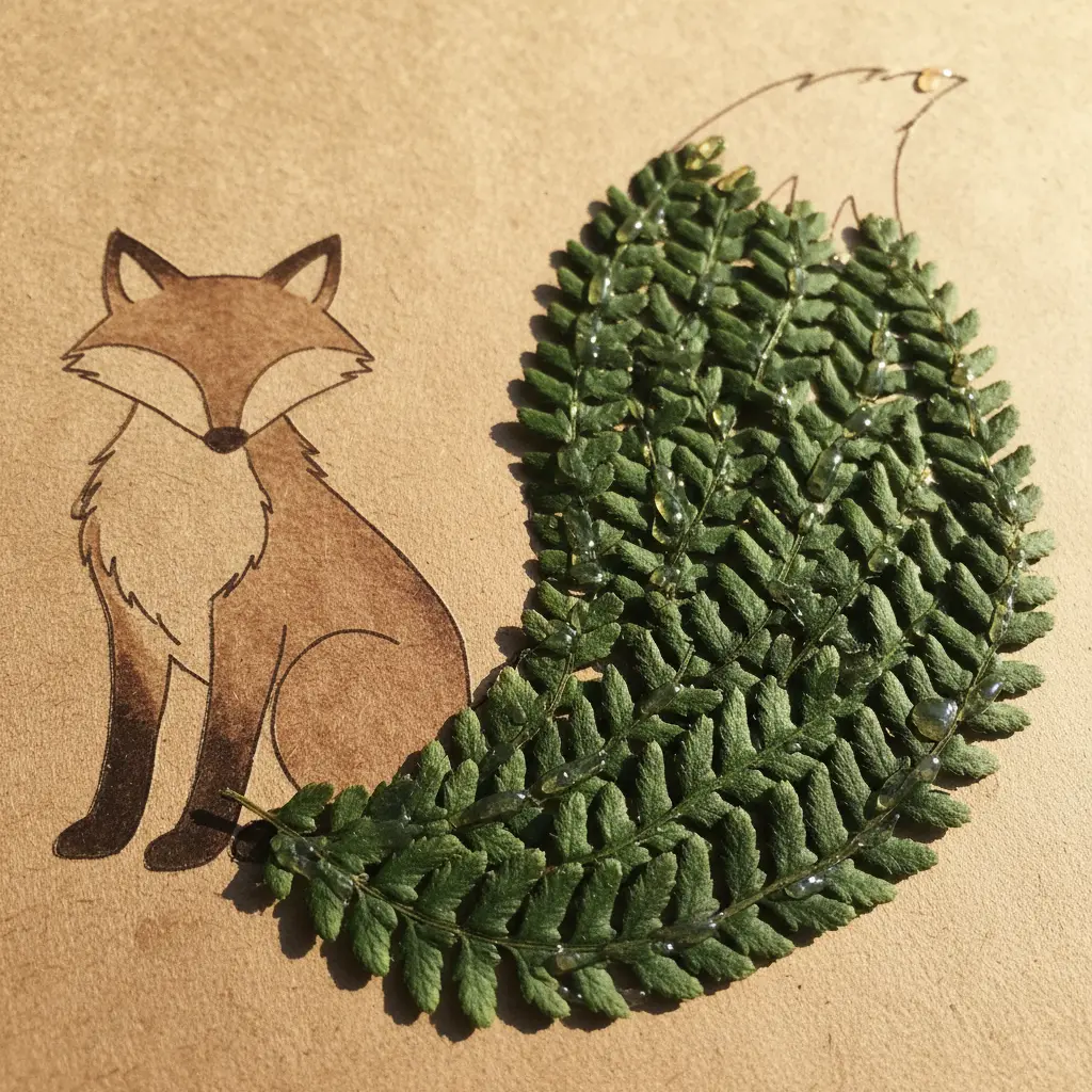 A complete fox body with a fluffy layered tail assembled from multiple small fern leaves on construction paper.
