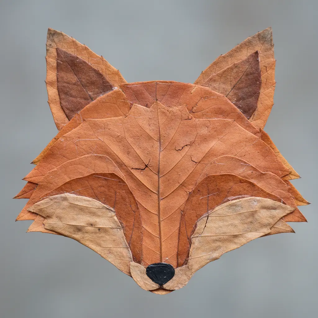 A close up fox head with crinkled orange dried leaves glued to a rough jute fabric background with a small black nose.