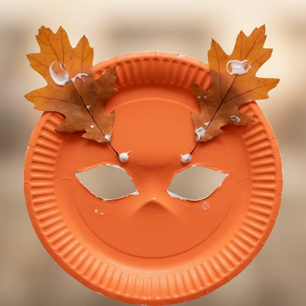 A child holding a paper plate fox mask with cut out eye holes and pointed orange leaf ears glued to the top.