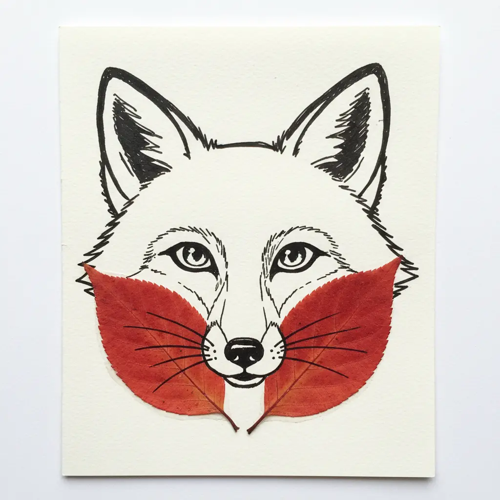 A fox face drawn with permanent markers on white paper with real orange leaves glued as the cheeks and ears.