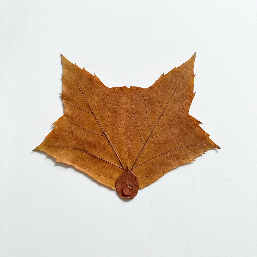 A simple fox face made from one large orange leaf and one small dark brown leaf as the nose on a plain white background.