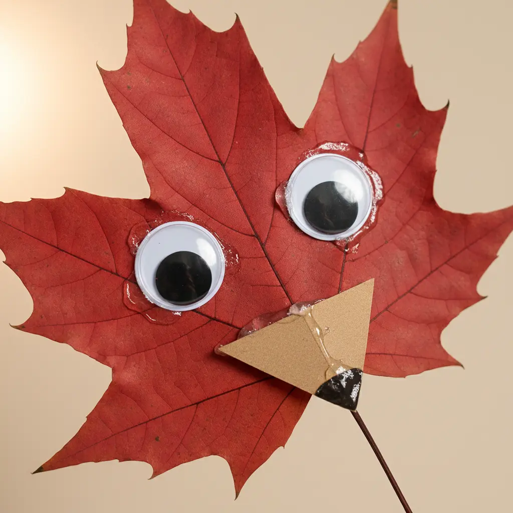 A funny fox leaf art piece with large wiggly googly eyes glued above a red leaf nose and construction paper triangle ears.