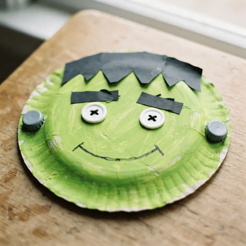 A child holding a Frankenstein mask made from a painted paper plate with googly eyes and yarn hair.
