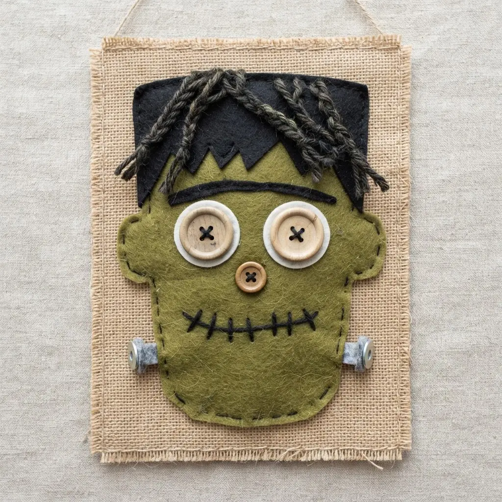 A Frankenstein face sewn from felt and fabric with button eyes and yarn hair hanging on a wall.