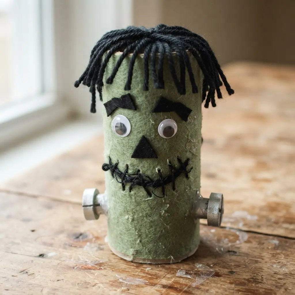 A green Frankenstein puppet crafted from a toilet paper roll with felt bolts and a stitched mouth.