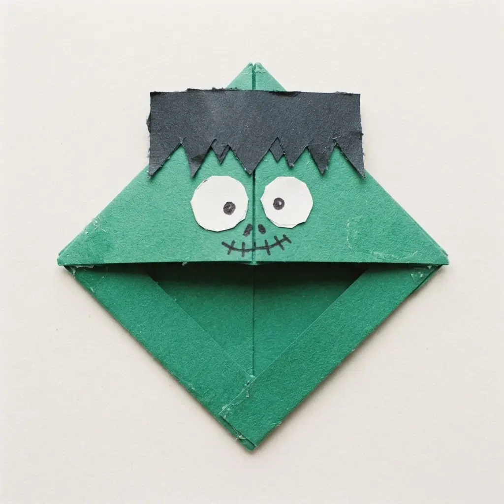 A green Frankenstein head made from folded construction paper, used as a corner bookmark.