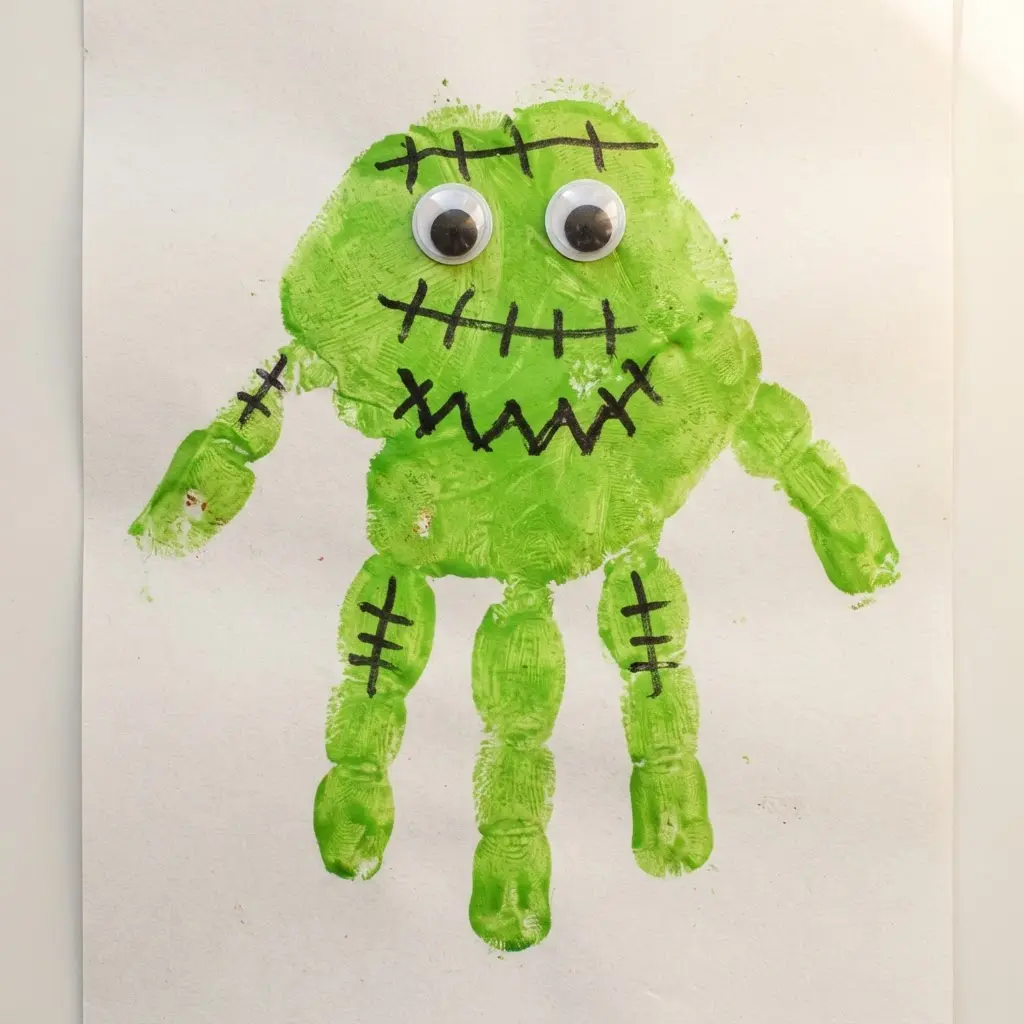A child's green handprint turned into Frankenstein's face with painted details on paper.