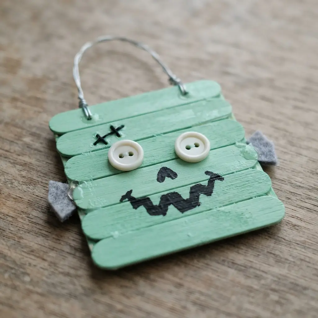 A square Frankenstein face crafted from painted popsicle sticks with button eyes.