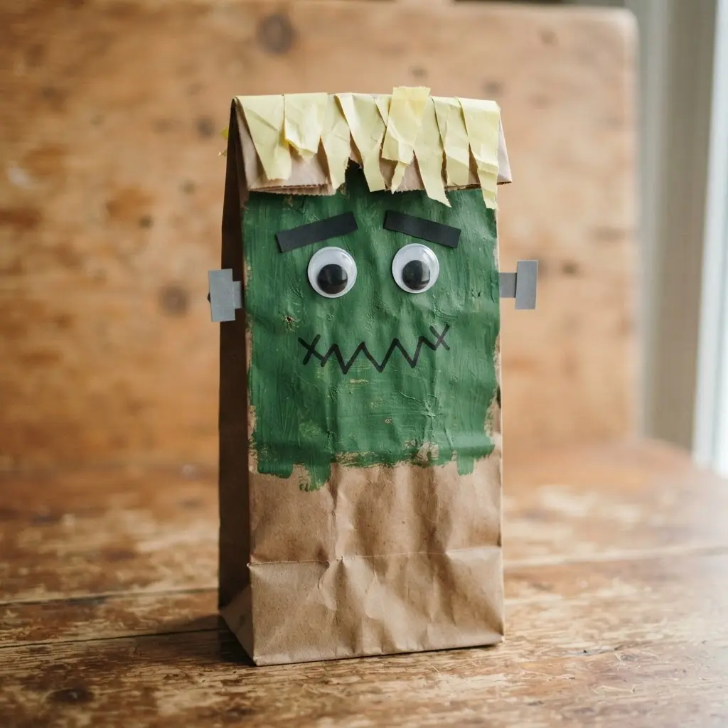 A Frankenstein puppet made from a paper bag with construction paper hair and a drawn face.