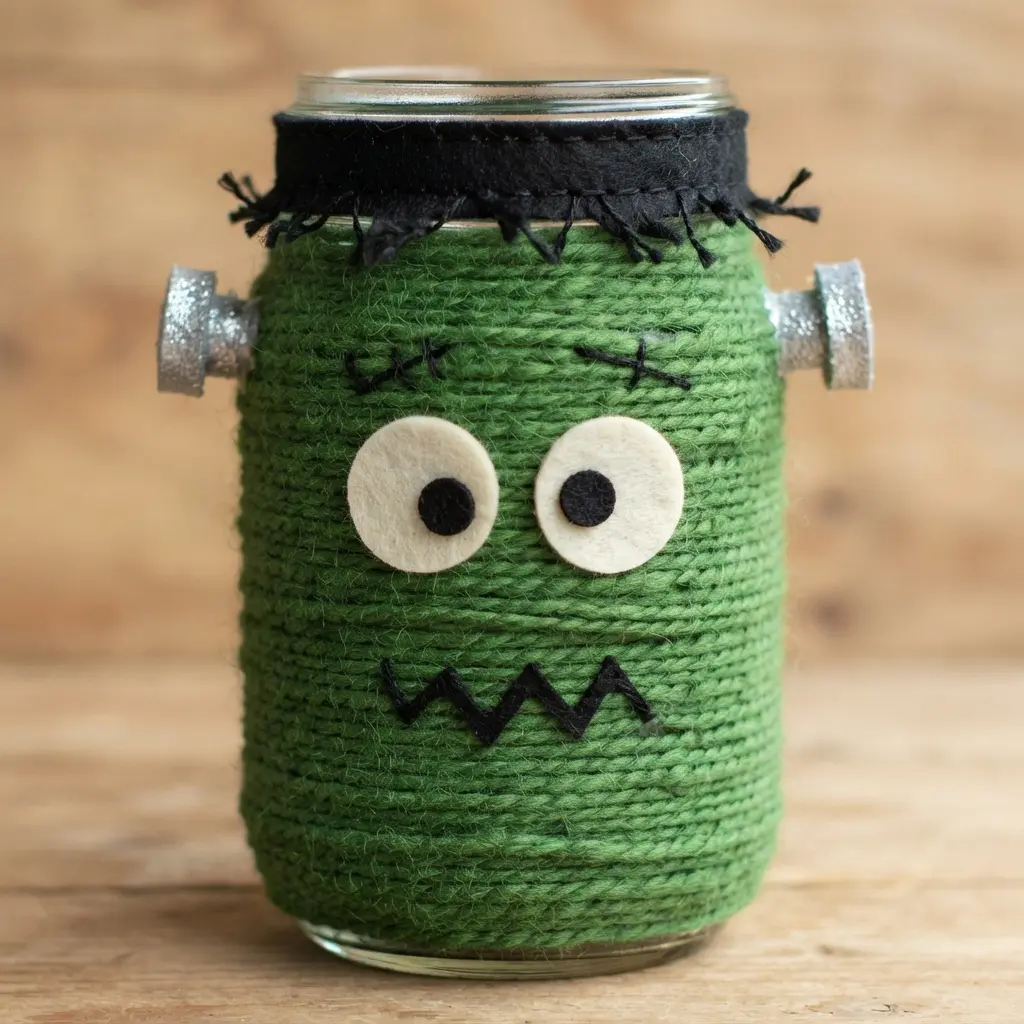 A glass jar covered in wrapped green yarn with felt bolts and a stitched mouth.
