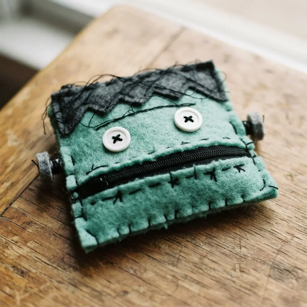 A small coin pouch sewn from green felt with black stitched details and a zipper mouth.