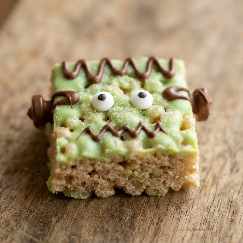 A square green rice krispie treat with chocolate bolt details and candy eyes.