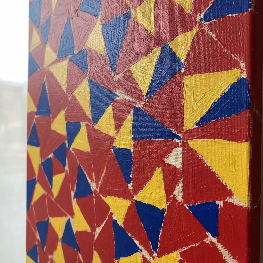 A canvas covered in multi-colored triangle shapes created with tape resist technique and bold reds, blues, and yellows.