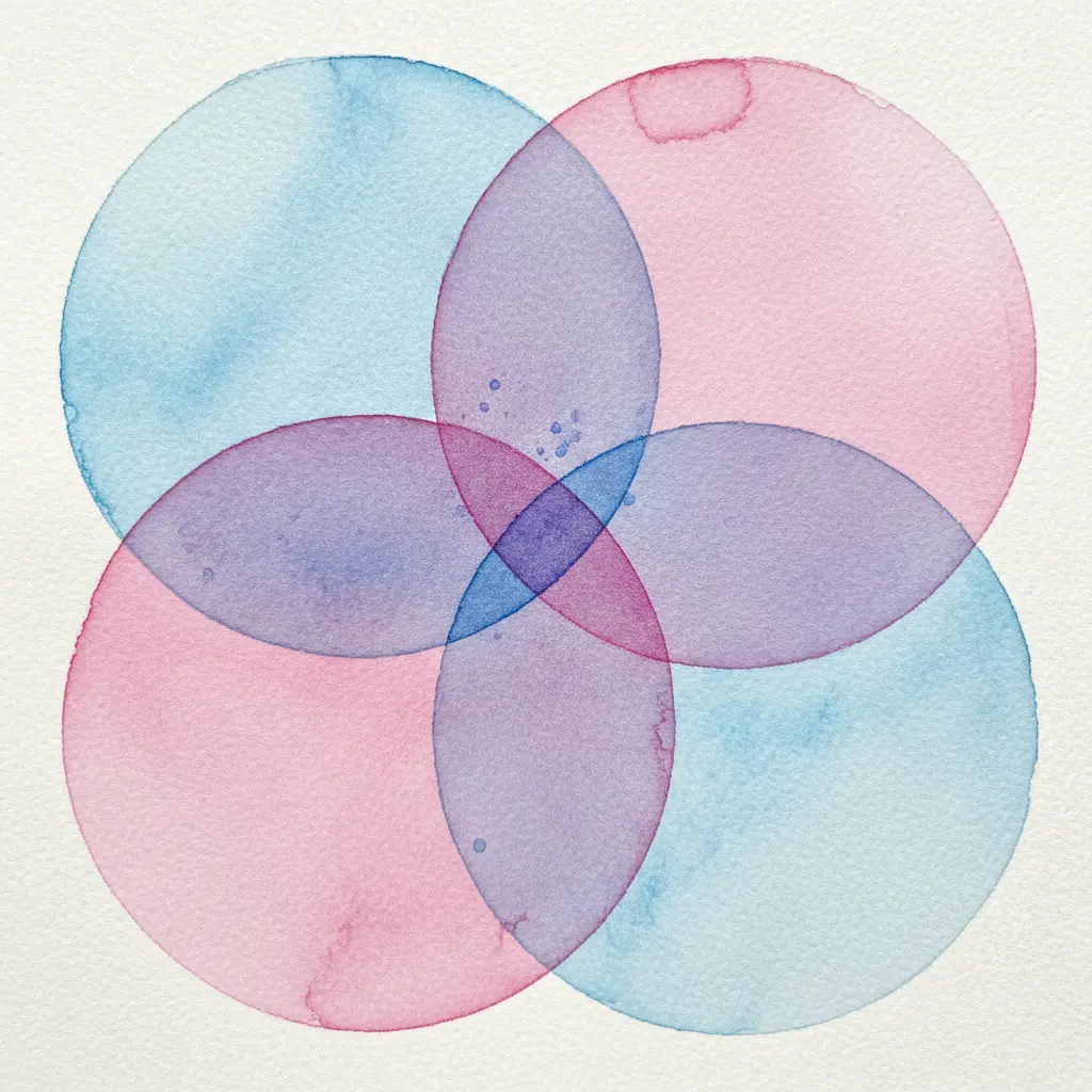 Wet-on-dry watercolors creating see-through circles and squares layered in pinks, blues, and purples where the shapes intersect.