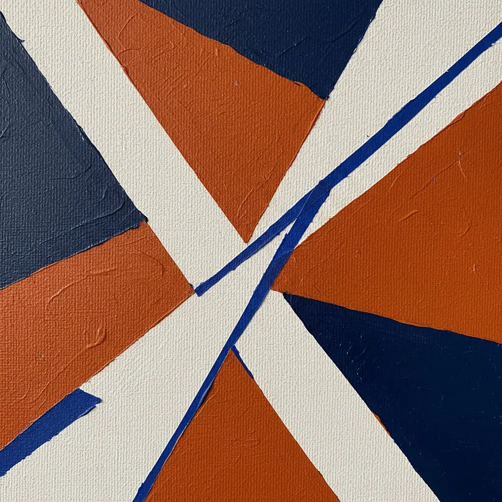 A canvas painted in navy and orange where peeled painter tape reveals clean white lines that cross at sharp intersections.