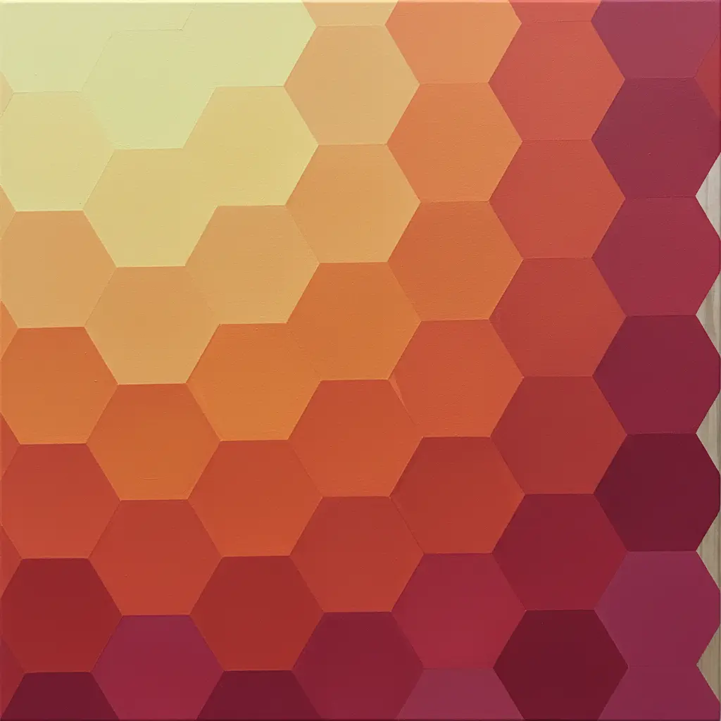 A wooden panel covered in hand-painted hexagons that transition smoothly from pale yellow through orange to deep magenta in a gradient.