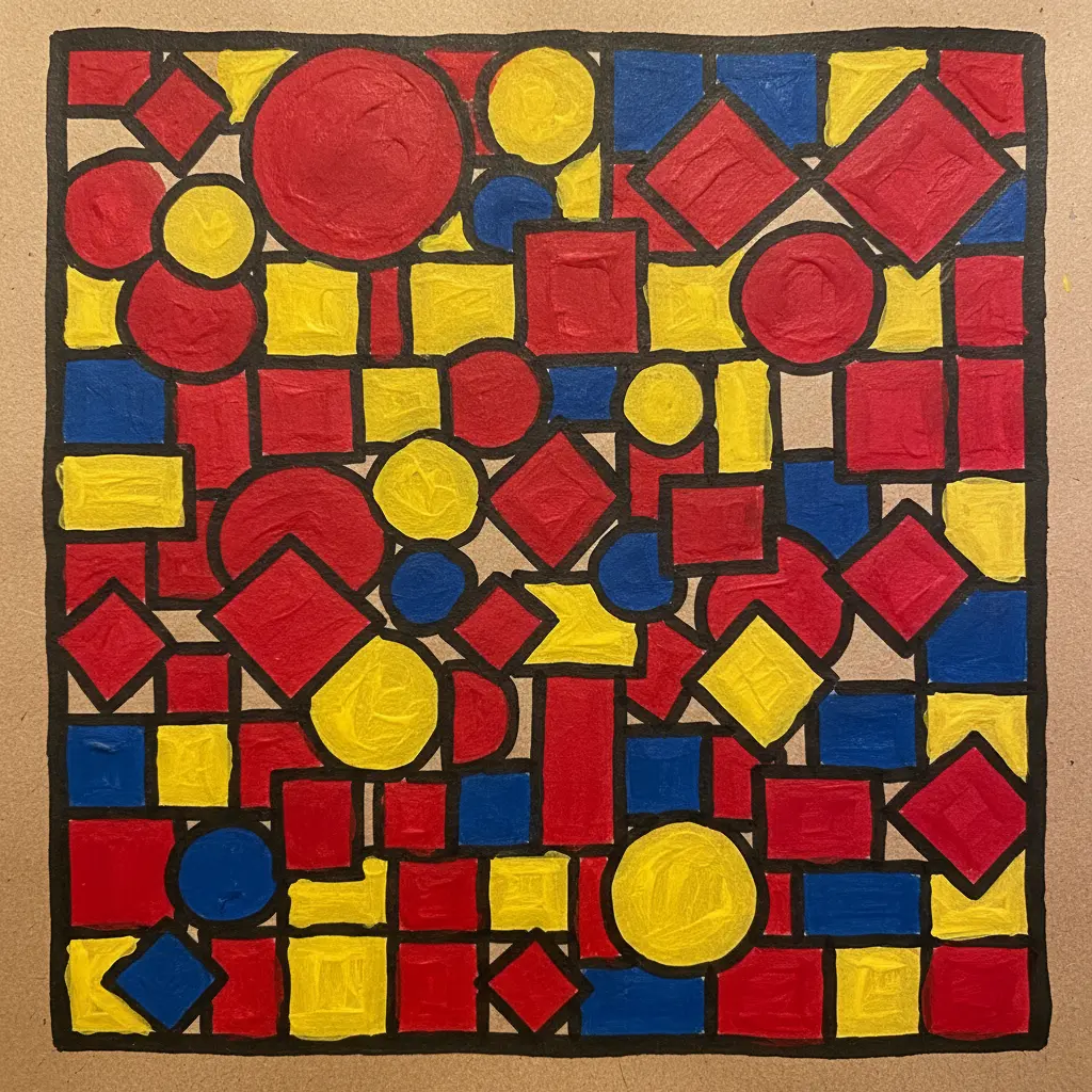 Colorful painted circles, triangles, and diamonds arranged across a brown kraft surface with thick black outlines emphasizing each shape.