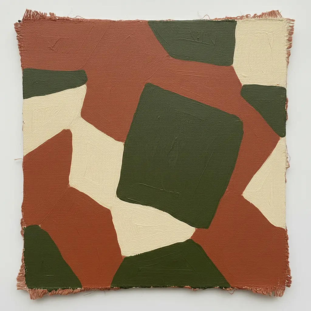A compact canvas painting featuring overlapping pointed squares in terracotta, olive, and cream with crisp geometric edges.