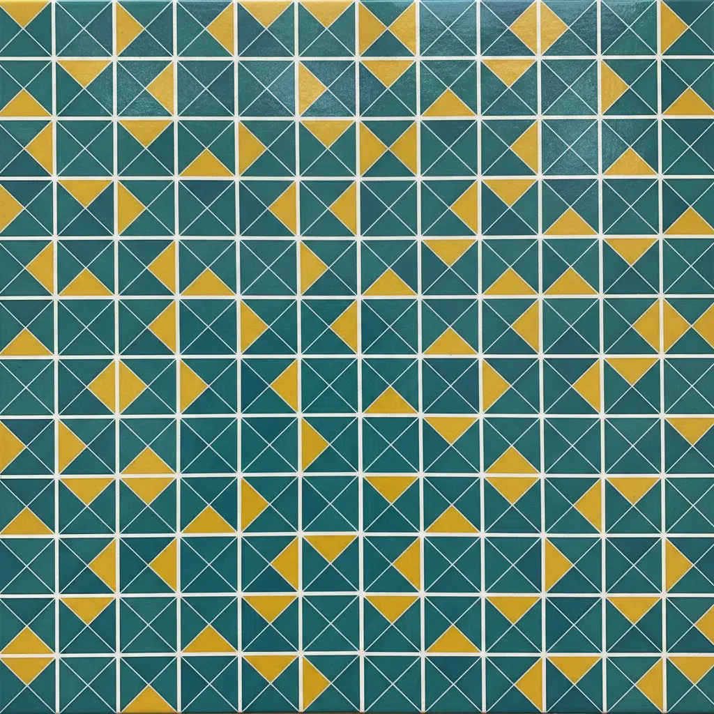 Four ceramic coasters displayed together, each painted with tiny colorful triangles and diamond motifs in a cohesive palette.