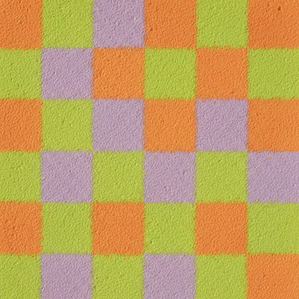 A poster paper with evenly spaced sponge-stamped colored squares forming a grid of green, orange, and purple.