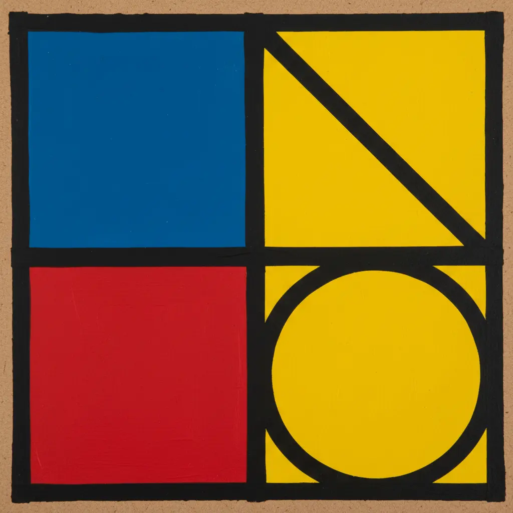 A flat panel painted with geometric blocks of red, blue, and yellow separated by thick black lines in a Mondrian style.