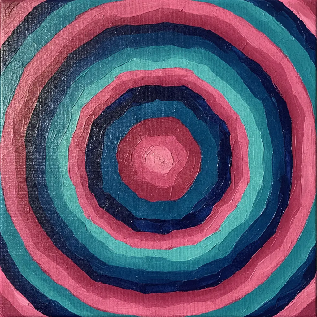 A square canvas showing layered concentric circles of pink, teal, and navy that create a vibrating optical effect.