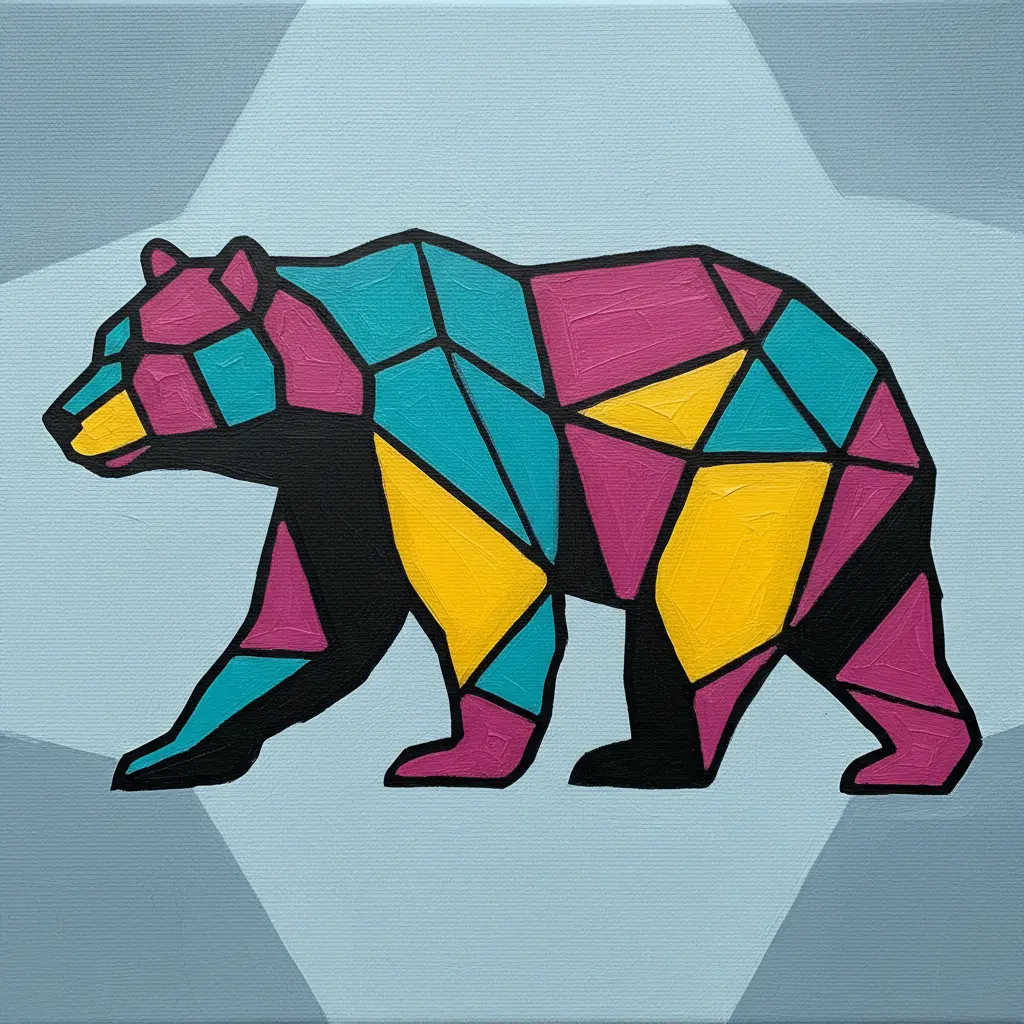 A canvas featuring a black bear silhouette with interior triangles and polygons painted in shades of turquoise, magenta, and yellow.