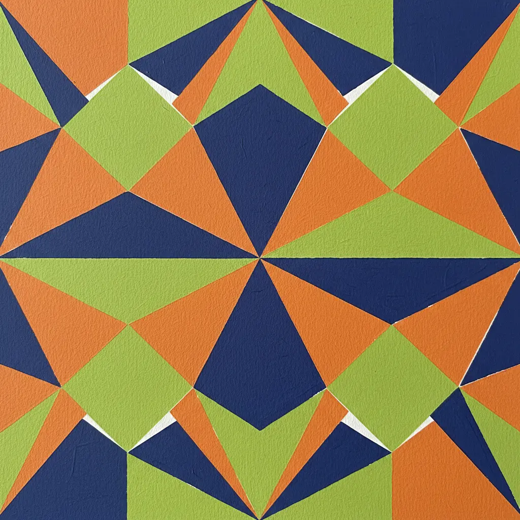 A butterfly shape composed of colorful symmetrical triangles and diamonds in bright orange, lime green, and indigo on a white background.