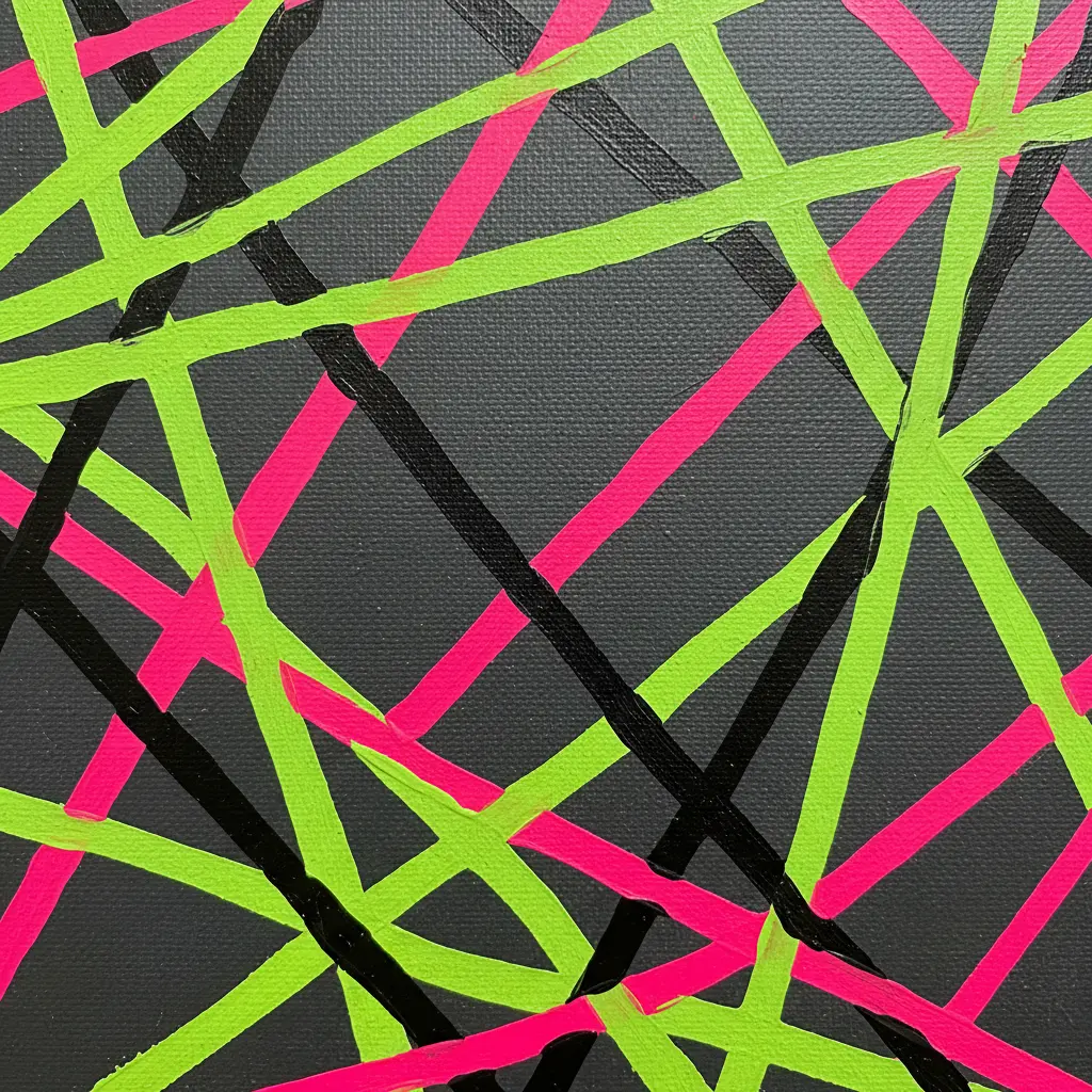 A black stretched canvas crisscrossed with bold neon pink and lime green lines creating an energetic abstract geometric pattern.