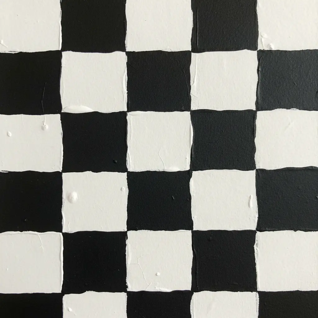 A large square paper painted with a crisp black-and-white checkered pattern using a stencil for uniform square shapes.
