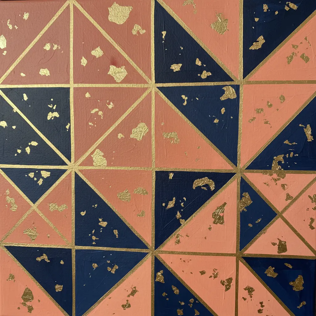 A canvas panel painted with soft coral triangles outlined by shiny gold leaf along the geometric edges on a dark background.