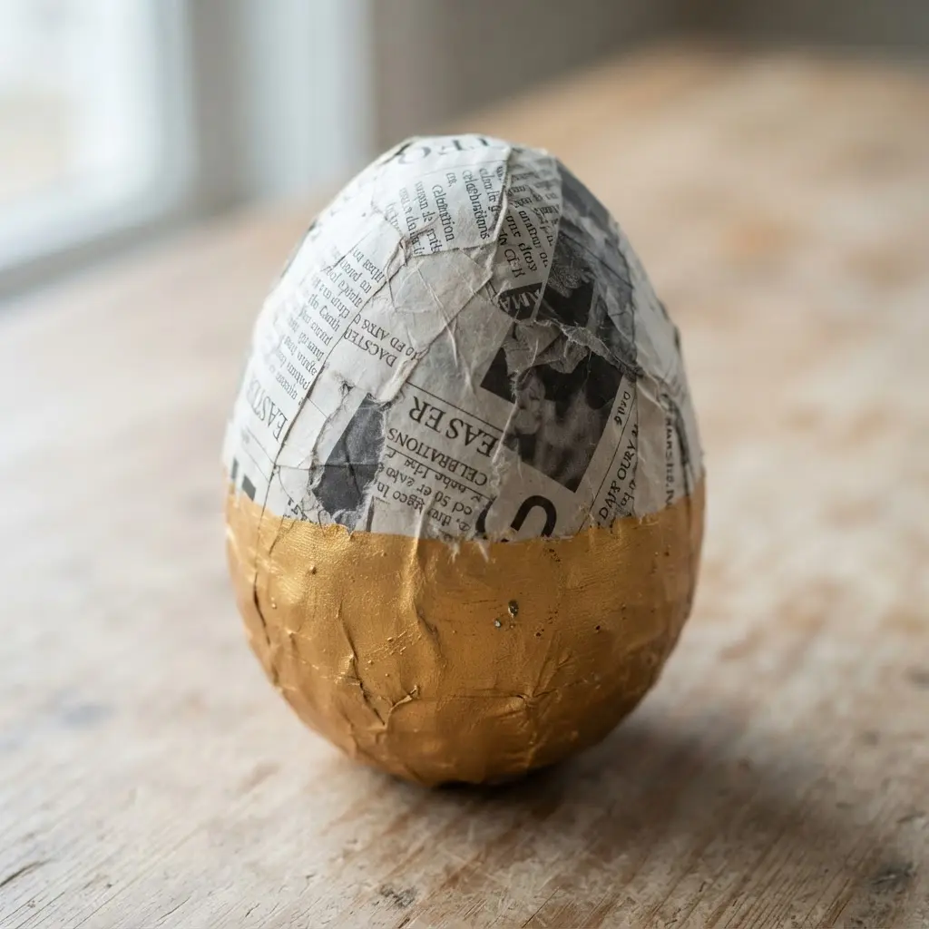 A papier-mache Easter egg covered in newsprint with a sharp, horizontal gold line dividing it.