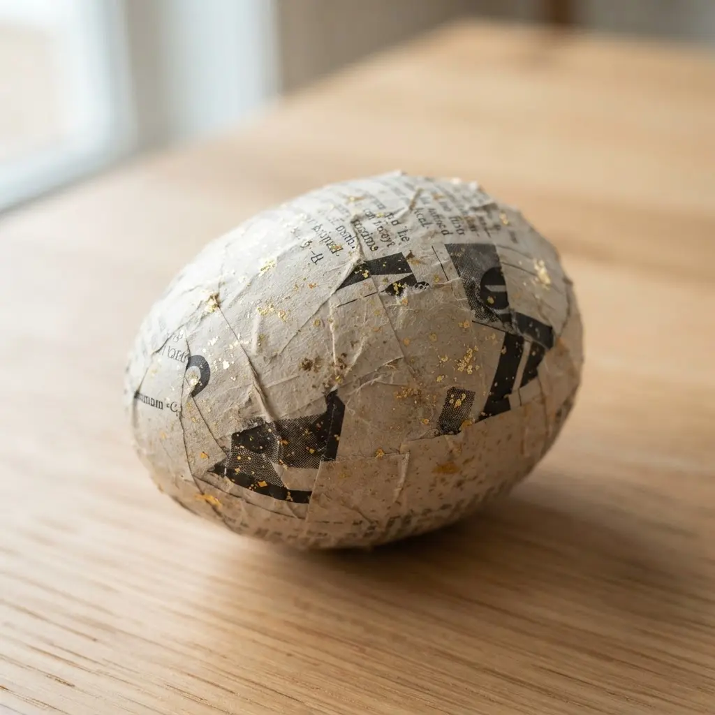 A softly textured newspaper egg with a fine mist of tiny gold speckles across its surface.