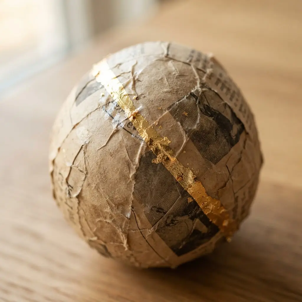 A newspaper egg with a crisp, diagonal line of genuine gold leaf applied along one edge.