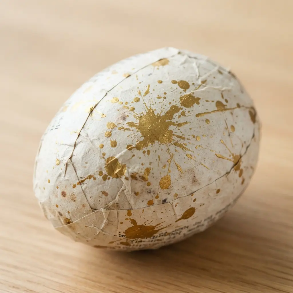 An egg wrapped in vintage newspaper with random, artistic splatters of metallic gold paint.