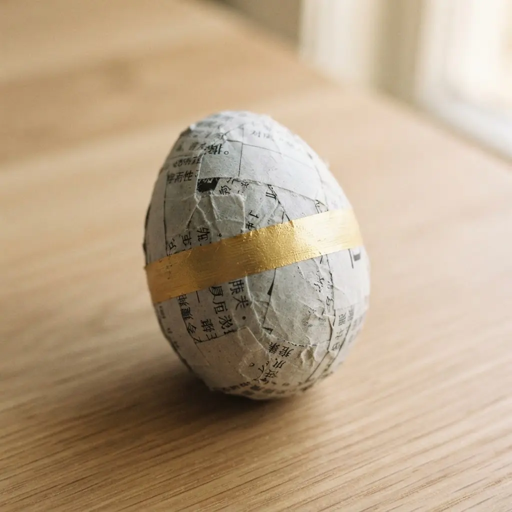 A neutral newsprint egg adorned with one thin, precise stripe of gold paint around its center.