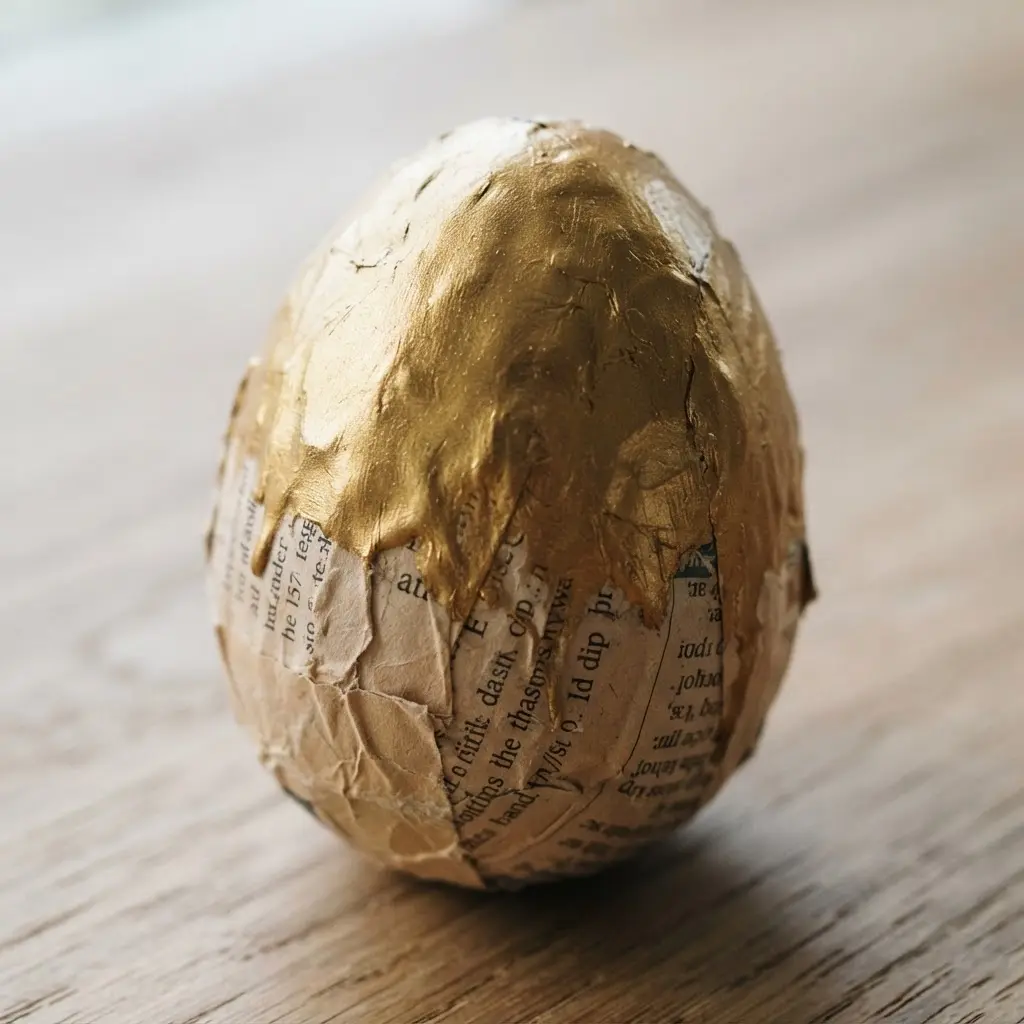 A recycled newspaper egg where the top portion is fully submerged in a rich, metallic gold finish.