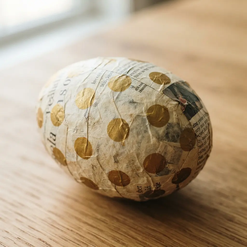 A textural newspaper egg covered in a pattern of neatly painted, small gold polka dots.
