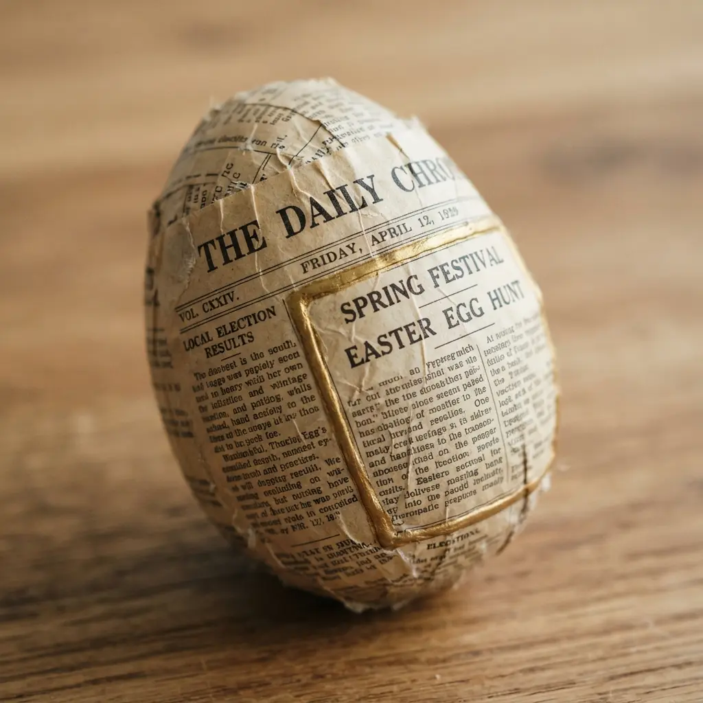 An Easter egg featuring a specific newspaper article bordered by a thin gold painted frame.